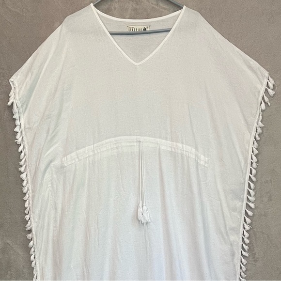 Peruvian Cotton Resortwear White Maxi Kaftan Cover Up Fringe Sz M Made in Peru - Picture 2 of 13